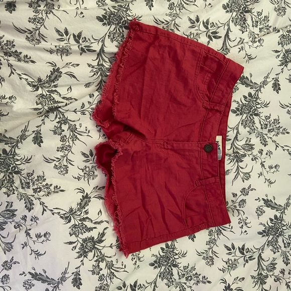 Pants - Red Linen Shorts